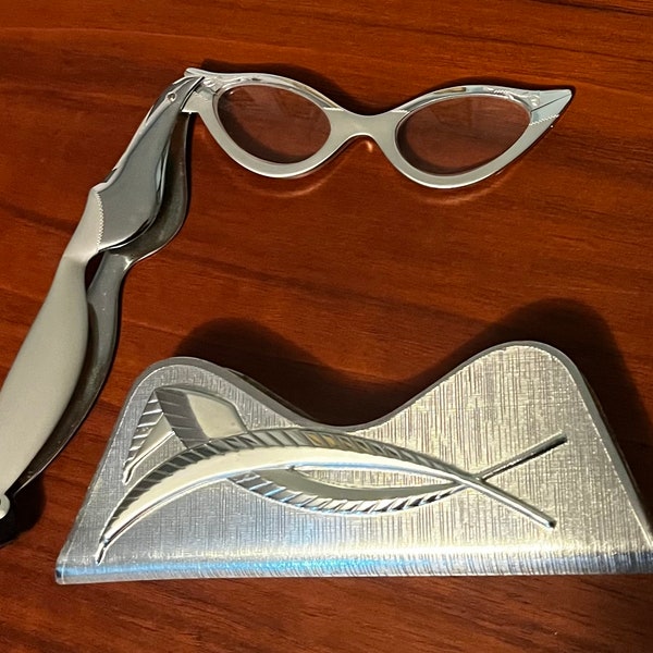 Vintage 1950s Shuron Aluminum Cat Eye Lorgnette Opera Glasses With Metal Glasses Holder