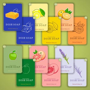 May include: A collection of rectangular dish soap labels featuring various fruit and floral illustrations. Each label displays the text DISH SOAP and Sherwood Culinary Art, with designs including lemon, orange, apple, grapefruit, and lavender.