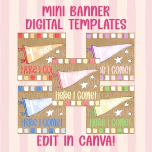 Könnte beinhalten: Eine Sammlung von fünf digitalen Mini-Banner-Vorlagen auf einem Kraftpapier-Hintergrund. Jedes Banner zeigt einen Wimpel mit dem Text 4TH GRADE HERE I COME! in verschiedenen Farben, darunter Orange, Lila, Pink, Blau und Gelb, mit weißen Sternen.