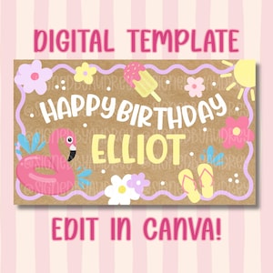 Op de afbeelding: Een rechthoekige digitale verjaardagssjabloon op een bruine achtergrond met de tekst "HAPPY BIRTHDAY ELLIOT". Het ontwerp bevat een roze flamingo-zwemband, gele slippers, een ijsje, bloemen en een zon, omlijst door een golvende paarse rand.