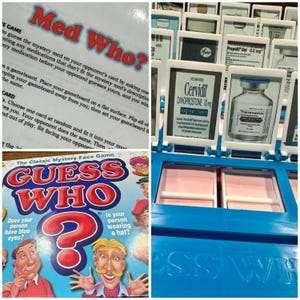May include: A blue and white game board with the words "Guess Who?" on the front. The game board has a question mark in the center and two people on either side. The game board is open and shows a row of small white boxes with medication labels inside. The labels include the names "Cervidil", "Prepidil Gel", and "Tranexamic".