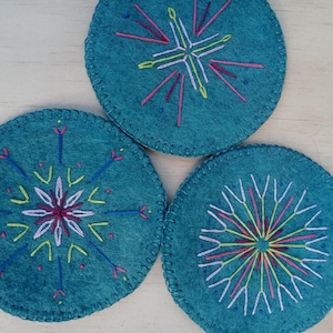 Set of 6 modern folk felt embroidered coasters