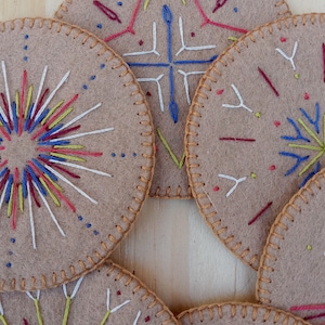 Set of 6 modern folk felt embroidered coasters