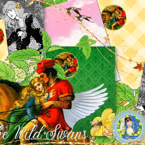 THE WILD SWANS Set of 4 Digital Sheets and 2 Bookmarks, Andersen-themed Stationery, Vintage Fairy Tale Digital Writing and Art Journal Paper