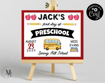 Cartel imprimible para el primer día de clases, personalizado para la vuelta al cole, editable (descarga digital)