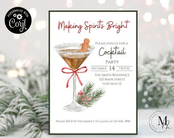 May include: A white invitation card with a red and green watercolor illustration of a cocktail glass with a gingerbread man inside. The text on the card reads "Making Spirits Bright" and includes details for a cocktail party on December 14th at 7:30 PM. The invitation also includes the address of the party and an RSVP request.