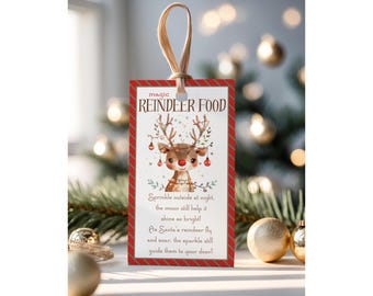 May include: A rectangular Christmas tag with a red border and the words "MAGIC REINDEER FOOD". The tag features a cartoon reindeer illustration and text that reads "Sprinkle outside at night..." The tag is tied with a beige ribbon.
