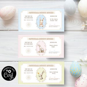 Puede incluir: Tres cupones imprimibles de bonos de conejito de Pascua con diferentes fondos de colores e ilustraciones de conejos. Los cupones son canjeables por 30 minutos de tiempo de pantalla adicional, una noche de cine familiar y una historia extra para la hora de acostarse.
