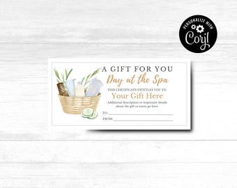 Spa Day Gift Certificate, Printable Gift Certificate, Spa Day Gift, Instant Download, Spa Gift Printable, Day Spa, Gift Card Printable
