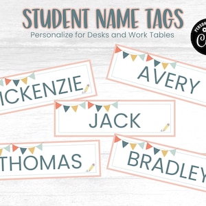 Könnte beinhalten: Schülernamensschilder mit Namen wie McKenzie, Avery, Jack, Thomas und Bradley. Jedes Schild hat einen hellrosa Rand, ein Banner mit bunten Flaggen und eine Bleistiftgrafik. Der Text "Student Name Tags" steht oben.