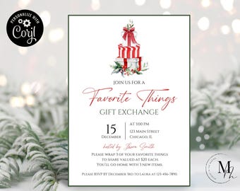 Puede incluir: Una invitación blanca con borde verde, que presenta una ilustración de acuarela de una pila de regalos envueltos con rayas rojas y blancas. El texto dice "Join us for a Favorite Things Gift Exchange" con la fecha, la hora, la ubicación y el nombre del anfitrión que se enumeran a continuación.