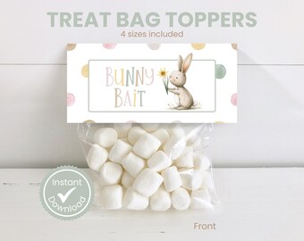 May include: Printable treat bag toppers featuring a cute bunny rabbit holding a flower with the text "Bunny Bait" and a polka dot background. Four sizes are included.