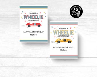May include: Two Valentine's Day cards featuring a red and yellow racing car design. The text on the cards reads "You are a Wheelie Great Friend!" and "Happy Valentine's Day! Michael".