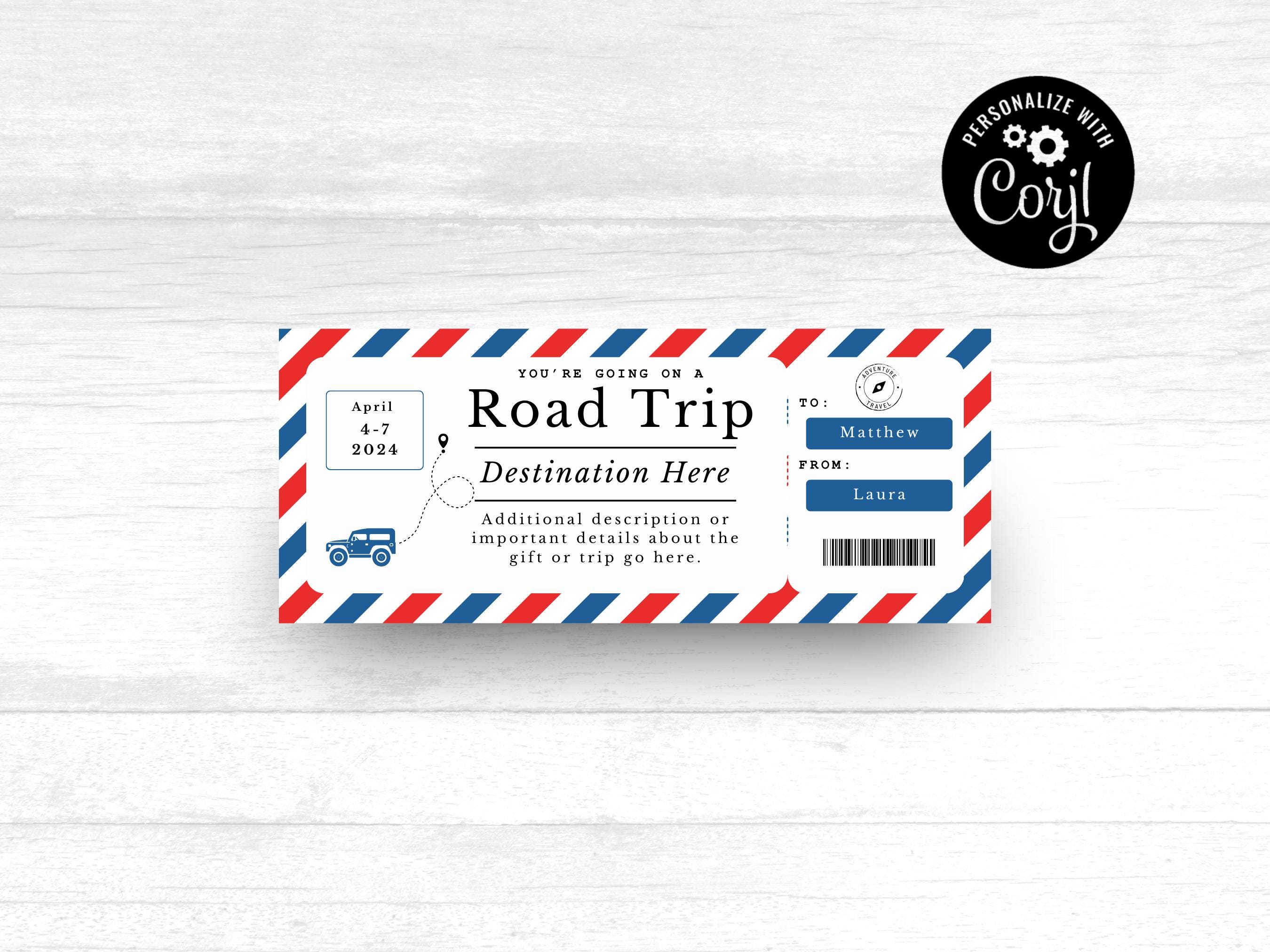 Road Trip Gift Certificate, Printable Gift Certificate, Vacation Gift Certificate, Instant Download, Road Trip Printable Gift Certificate