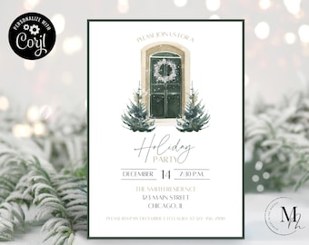May include: A green and white holiday party invitation with a watercolor illustration of a door with a wreath and pine trees. The text reads "Please join us for a Holiday Party, December 14, 7:30 PM, The Smith Residence, 123 Main Street, Chicago, IL. Please RSVP by December 3 to Laura at 123-456-7890."