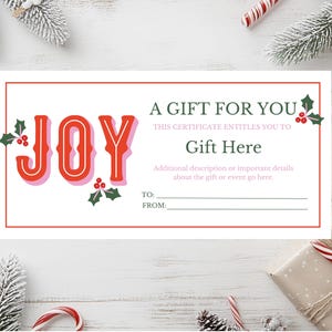 Certificado de regalo de alegría navideña, certificado de regalo imprimible para las fiestas, certificado de regalo para las fiestas, descarga instantánea, certificado de regalo navideño imprimible