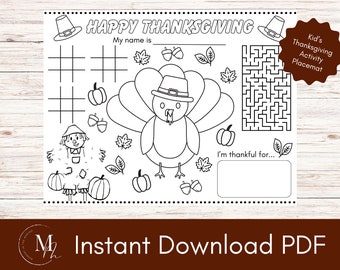 Kid's Thanksgiving Activity Placemat: Printable Thanksgiving Party Game (Instant Download)