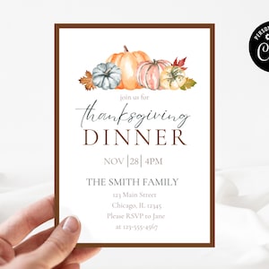 Thanksgiving-Kürbis und Blätter-Einladung, Thanksgiving-Einladung, druckbare Einladung, personalisierte Einladung, Thanksgiving-Einladung
