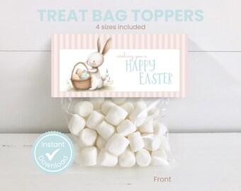 May include: Printable Easter treat bag toppers featuring a cute bunny holding a basket of eggs. The toppers are pink and white striped with the text "Wishing you a Happy Easter".