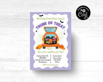 May include: A Halloween-themed invitation with a purple border. The design features an orange car trunk filled with treats, pumpkins, bats, and spiders. Text includes "Trunk or Treat" and event details for Westridge Elementary's annual event.