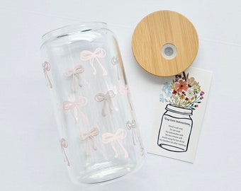 Pink Bow Glass Cup, Coquette Bow Glass, Cute Bow Glass, Cute Bow Cup, Coquette Decor, Iced Coffee Glass Cup with Lid and Straw, Cute Gifts