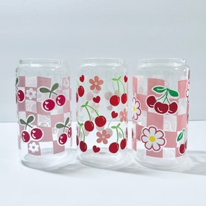 Cherry and Flower Glass Cup, Coffee Reusable 16oz Glass Tumbler, Cute Cherry Iced Coffee Cup, Cherry Lovers, Aesthetic Cherry Beer Can Glass
