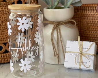 Daisy Glass Tumbler | Beer Can Glass | Floral Can Glass |16oz Glass Tumbler | Glass Cup - Lid - Straw | Custom Tumbler | Aesthetic Glass Can
