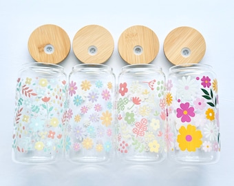 Floral Glass Tumbler, Floral Glass Can, Summer Wildflowers Glass, 16oz Floral Glass, Daisy Iced Coffee Glass Cup with Bamboo Lid and Straw
