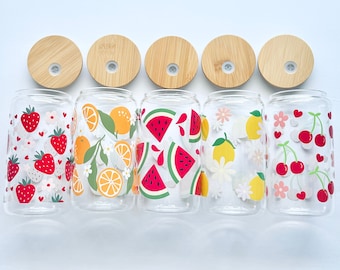 Cute Summer Fruit Glass Cup, Fruit Beer Can Tumbler, Aesthetic 16oz Iced Coffee Glass Cup with Bamboo Lid and Straw, Coffee Lover Gifts