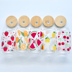 Cute Summer Fruit Glass Cup, Fruit Beer Can Tumbler, Aesthetic 16oz Iced Coffee Glass Cup with Bamboo Lid and Straw, Coffee Lover Gifts