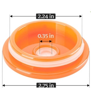 May include: Orange plastic lid with a white inner ring. The lid measures 2.75 inches in diameter and 0.35 inches in height.