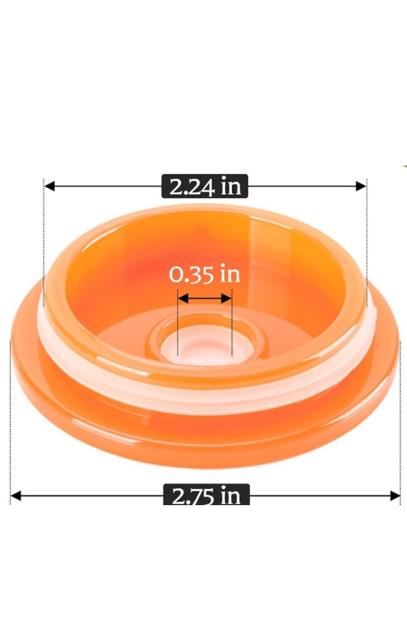 May include: Orange plastic lid with a white inner ring. The lid measures 2.75 inches in diameter and 0.35 inches in height.
