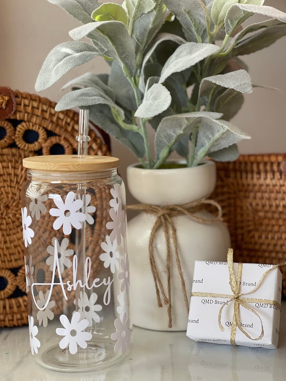 Daisy Glass Tumbler | Beer Can Glass | Floral Can Glass |16oz Glass Tumbler | Glass Cup - Lid - Straw | Custom Tumbler | Aesthetic Glass Can