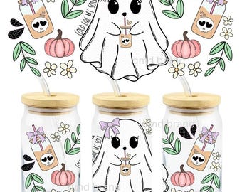 16oz Halloween Glass Cup with Lid and Straw, Cute Halloween Ghost Glass Cup, Halloween Iced Coffee Glass Cup, Ghost Halloween, Spooky Season