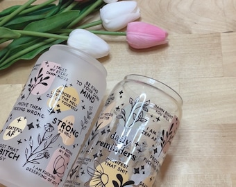 Daily Manifestation Reminders Glass Can Cup, Boho Affirmations, Daily Reminders, Mental Health Awareness, 16 oz Self Love Glass Can Cup