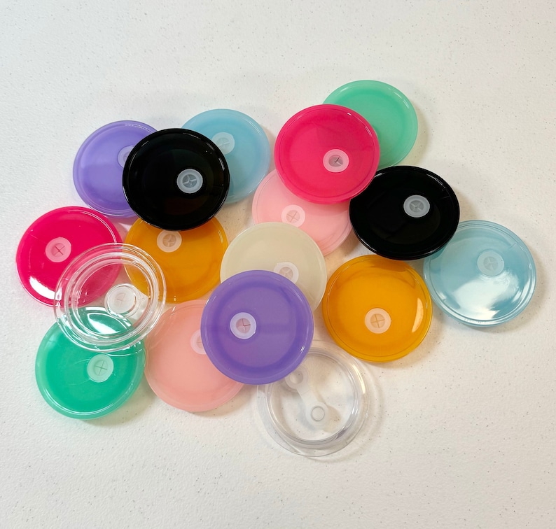 May include: Assortment of colourful plastic lids in various shapes and sizes. The lids are perfect for crafts, DIY projects, and more.