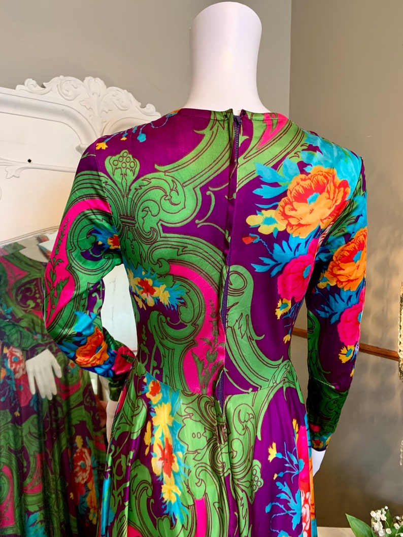 VINTAGE 60s 70s BLUE GREEN PINK PSYCHEDELIC FLORAL JULIET SLEEVE MAXI DRESS 8 10 main image 1