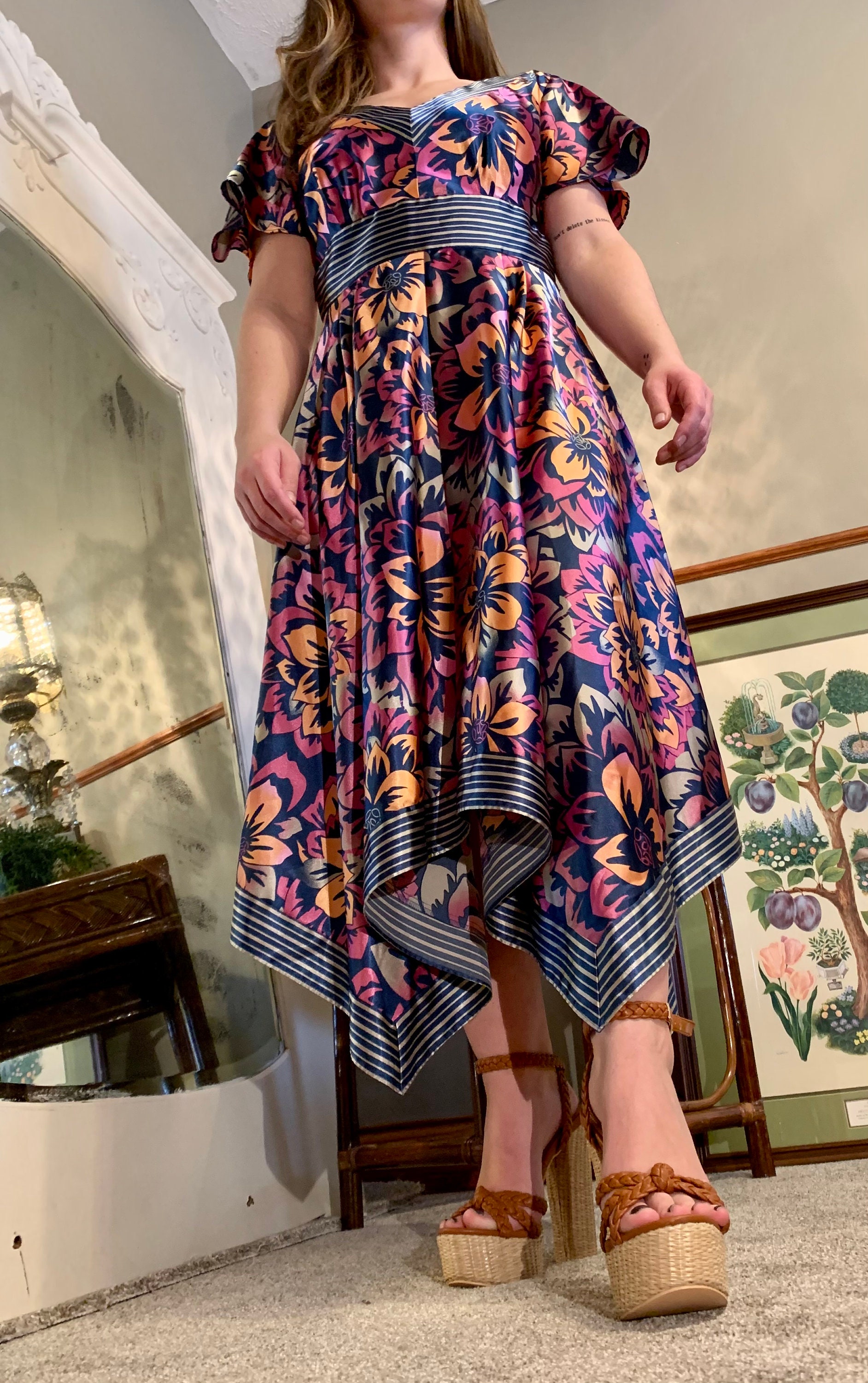 Vintage 90s Blue Floral Handkerchief Hem Short Sleeve Dress Chadwick's Size 8p