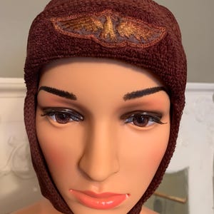 Vintage 1930s Fabric Aviator Hat Amelia Earhart Style Ear Flaps Eagle Patch RARE! FREE Priority Ship in US