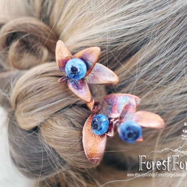 Set copper hairpins Renaissance hairfork Leaf Headpiece Blueberry forest hairstick Hanfu Hairpin