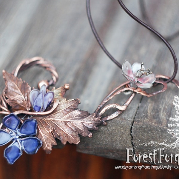 Art nouveau flower pendant Copper hand forged necklace