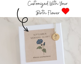 Personalized Birthday Gift, Birth Month Flower Necklace, Birth Flower Jewelry, Dainty Gold Disc Necklace, Thoughtful Gift for Her, September