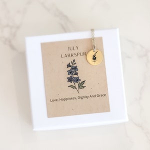 Birth Flower Necklace Bridesmaid Gift, Birth Flower Necklace, Birth Flower Jewelry, Dainty Gold Disc Necklace, Thoughtful Gift for Her