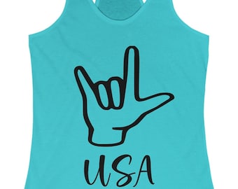 ASL I Love You USA Racerback Tank, American Sign Language Racerback Tank, Inspirational ASL Tank, Humorous Racerback Tank, Great Gift