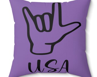 ASL I Love You USA Faux Suede Square Pillow, American Sign Language Square Pillow, Inspirational ASL Pillow, Humorous Graphic Pillow, Gift