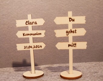 Tischdeko Kommunion, Deko Kommunion "Du gehst mit", Pfeile, Holzschild, Wegweiser