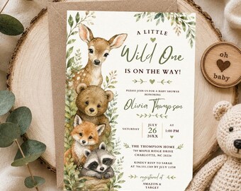 Invitación editable para baby shower, invitación para baby shower con animales del bosque, baby shower con temática de animales salvajes, baby shower unisex (descarga digital)