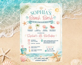 Invitación de cumpleaños playera editable, invitación para fiesta infantil en la playa, invitación de cumpleaños de verano, invitación para fiesta de cumpleaños en la playa (descarga digital)