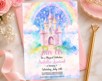 Editible Princess Rainbow Castle Birthday Invitation, Watercolor Fairytale Party Invite, Girl's Birthday (Digital Download)