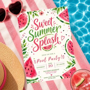Redigerbar inbjudan till söt sommarplask till poolparty, vattenmelonfödelsedagsinbjudan, akvarell sommarpoolpartyinbjudan (digital nedladdning)